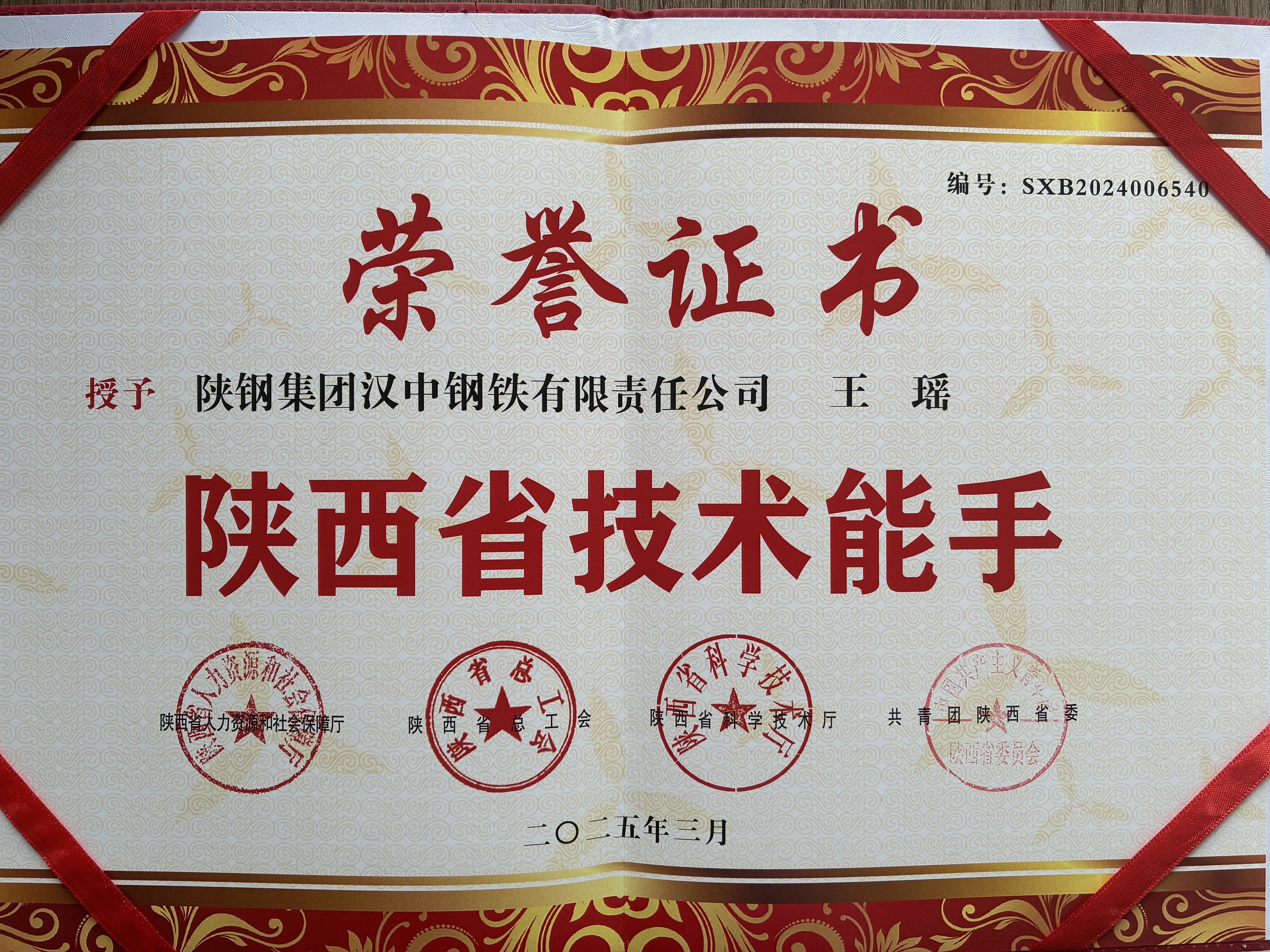 匠心鑄尖兵，培育夯實根基--漢鋼公司王瑤同志榮獲“陜西省技術(shù)能手”稱號